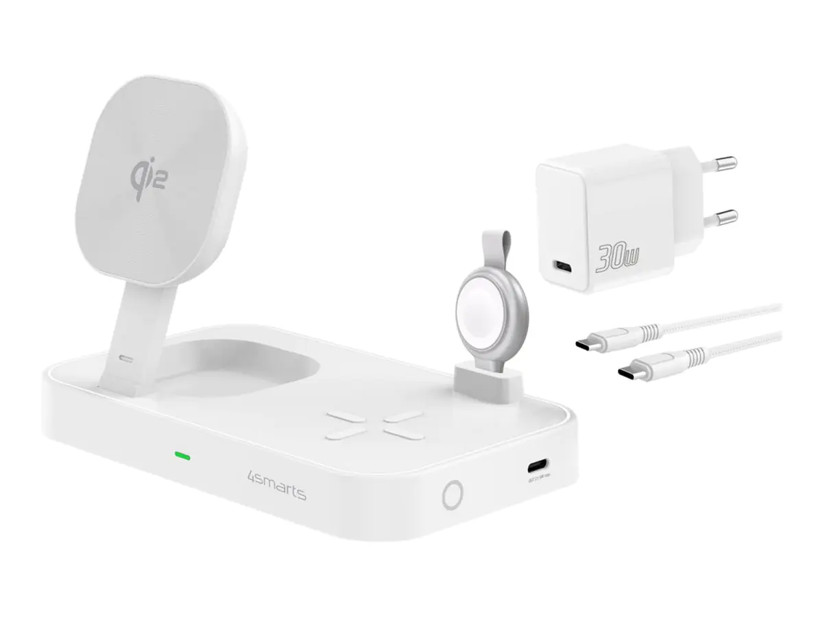 4smarts Qi2 Ladestation Trident mit MFi Fast Charger für Apple Watch weiß