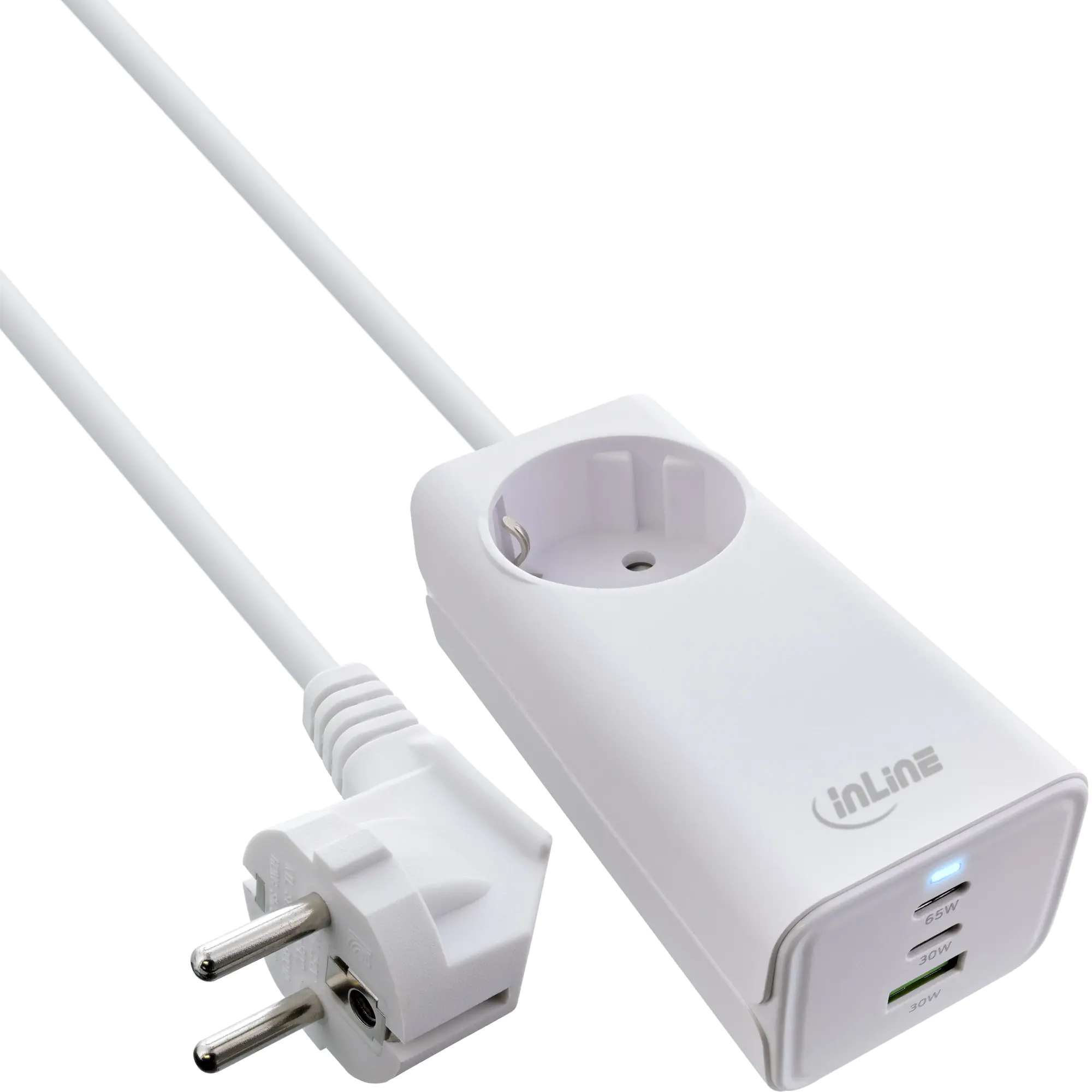InLine - Steckdosenleiste - AC 220-250 V - 65 Watt - Eingabe, Eingang Typ F - Ausgangsanschlüsse: 4 (2 x USB-C, USB Typ A, Typ F) - 1.5 m Schnur - weiß