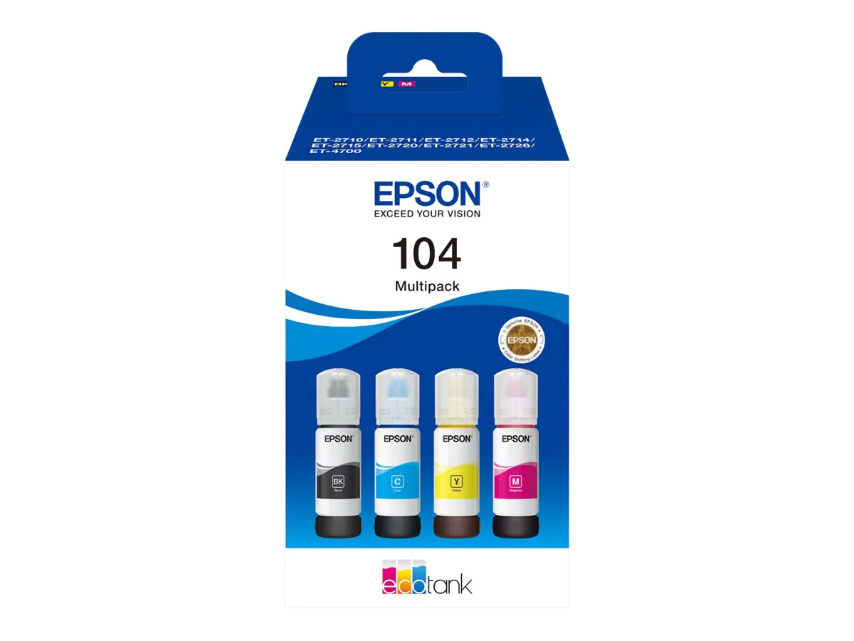 Epson EcoTank 104 - 4er-Pack - Schwarz, Gelb, Cyan, Magenta - original - Nachfülltinte - für EcoTank ET-14100, 1810, 2721, 2810, 2811, 2812, 2814, 2815, 2820, 2821, 2825, 2826, 4800