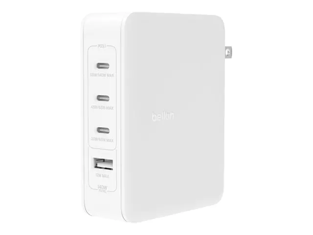 Belkin BoostCharge Pro - Netzteil - GaN-Technologie - 140 Watt - Fast Charge, Power Delivery 3.1 - 4 Ausgabeanschlussstellen (3 x USB-C, USB) - weiß