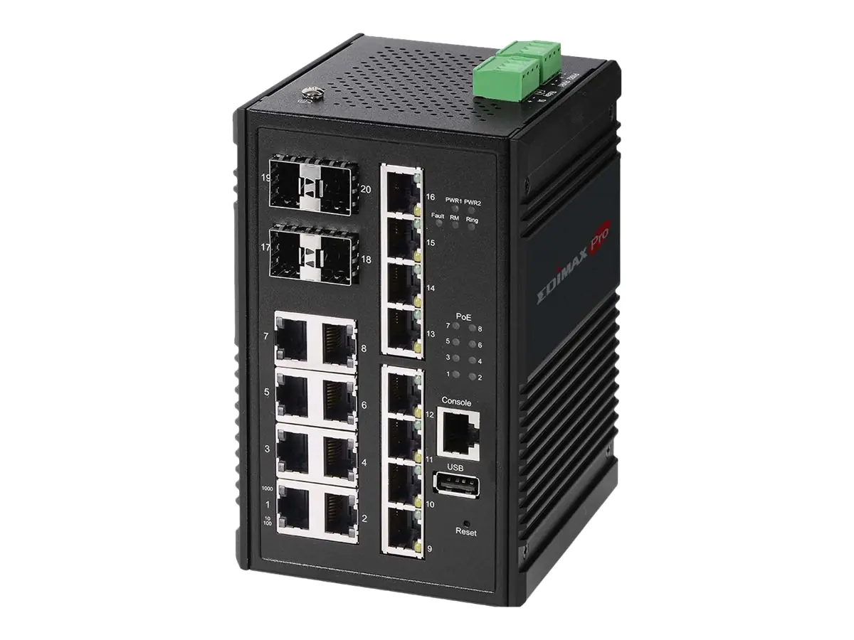 Edimax Pro IGS-5416P - Switch - Smart - 8 x 10/100/1000 (PoE+) + 8 x 10/100/1000 + 4 x Gigabit SFP - an DIN-Schiene montierbar - PoE+ (240 W) - DC power