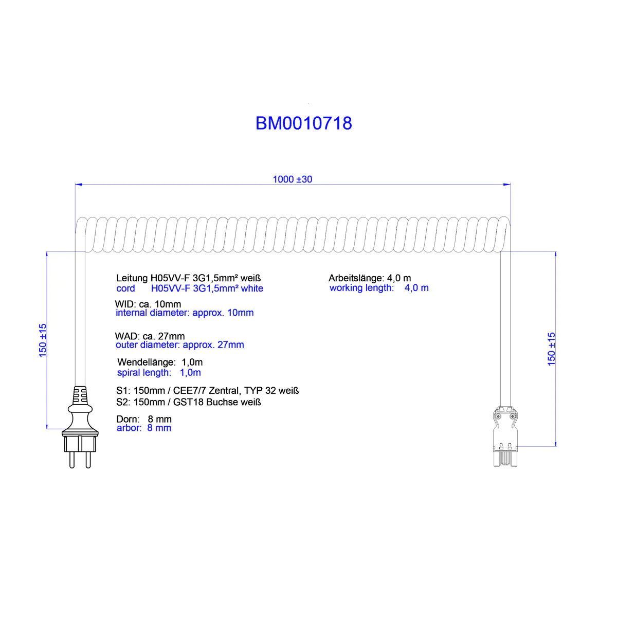 Bachmann Spiralleitung H05VV-F 3G1.5mm² L ws ISV /CEE7/7
