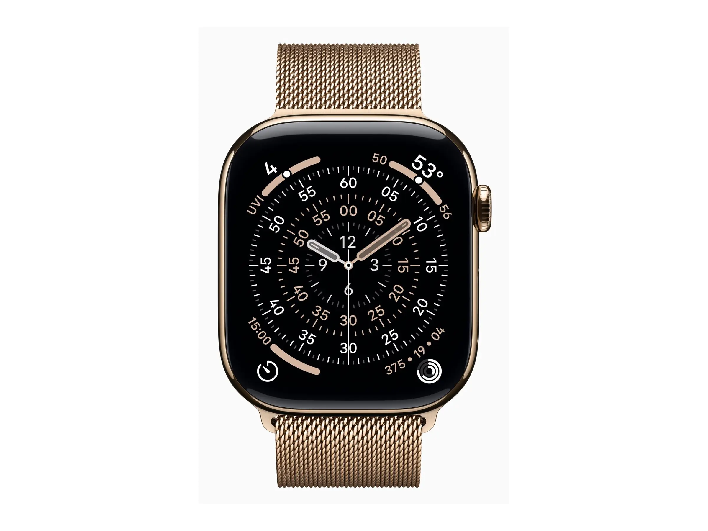 Apple Watch Series 11 (GPS + Cellular) - 46 mm - Gold Titan - intelligente Uhr mit Milanaise Armband - Edelstahl-Geflecht - Gold - Bandgröße: M/L - 64 GB - LTE, Wi-Fi 4, UWB, Bluetooth - 5G - 43.1 g
