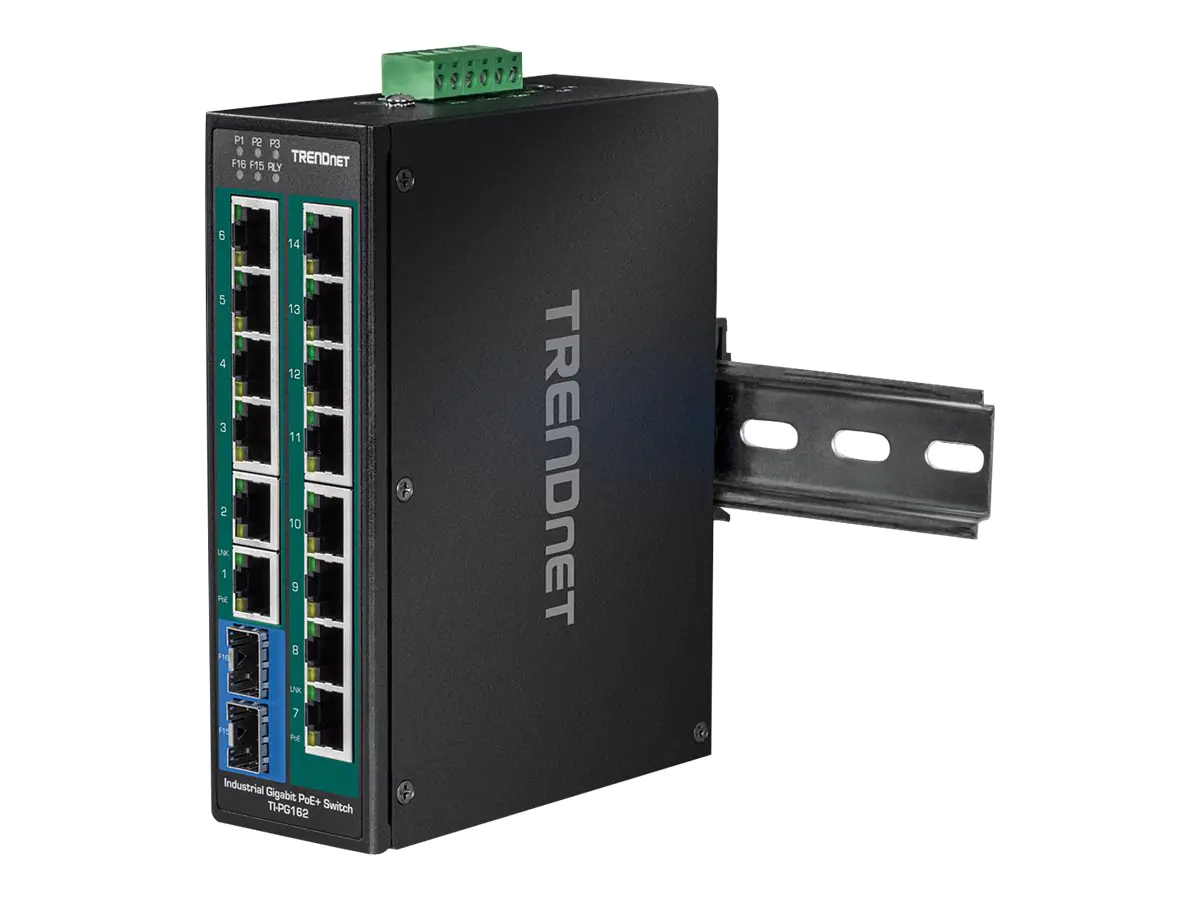 Trendnet TI-PG162 - Industrial - Switch - unmanaged - 14 x 10/100/1000 + 2 x Kombi-Gigabit-SFP - an DIN-Schiene montierbar, wandmontierbar - Gleichstrom - TAA-konform