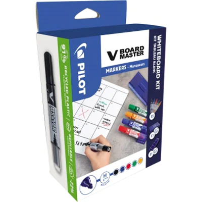 PILOT Starterset Whiteboard V-Board Master Kit 5 Boardmarker (rot, blau, grün, schwarz, orange), 1 magnetischer Penholder, 1 Tafelwischer