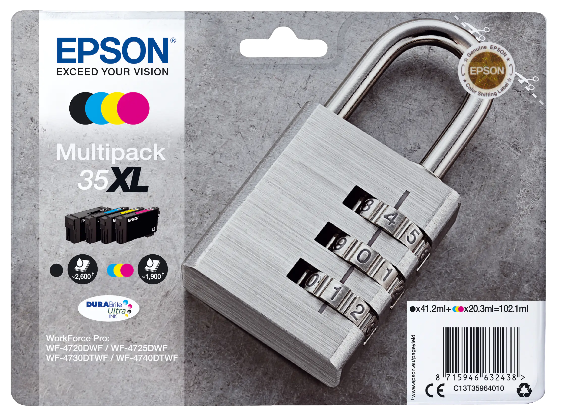 Epson 35XL Multipack - 4er-Pack - XL - Schwarz, Gelb, Cyan, Magenta - Original - Tintenpatrone - für WorkForce Pro WF-4720, WF-4720DWF, WF-4725DWF, WF-4730, WF-4730DTWF, WF-4740, WF-4740DTWF