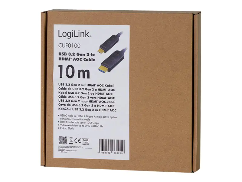 LogiLink - Premium High Speed - Adapterkabel - 24 pin USB-C männlich zu HDMI männlich - 10 m - doppelt geschirmtes Kupfer/Glasfaser-Hybridkabel - Schwarz - Active Optical Cable (AOC), unterstützt 4K 60 Hz (3840 x 2160), Active Hybrid-Kabel