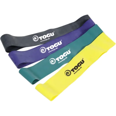 TOGU Fitnessband 4 Fitnessbänder (gelb = leicht, grün = mittel, blau = stark, schwarz = extra stark) Latex