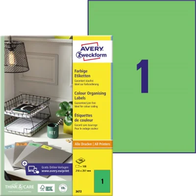 Avery Zweckform Universaletikett 3472 210x297mm grün 100 St./Pack.
