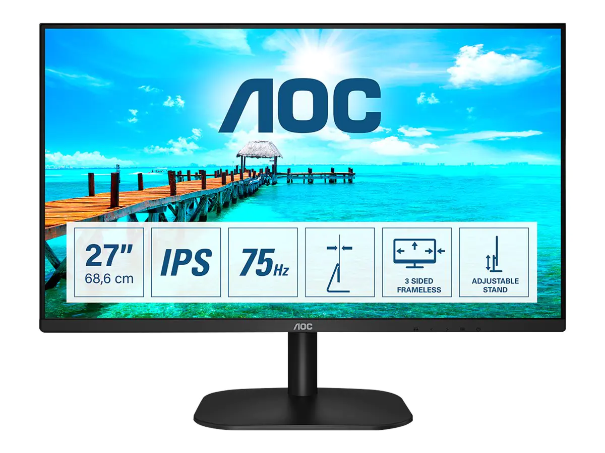 AOC 27B2DA - LED-Monitor - 68.6 cm (27") - 1920 x 1080 Full HD (1080p) @ 75 Hz - IPS - 250 cd/m² - 1000:1 - 4 ms - HDMI, DVI, VGA - Lautsprecher - Schwarz