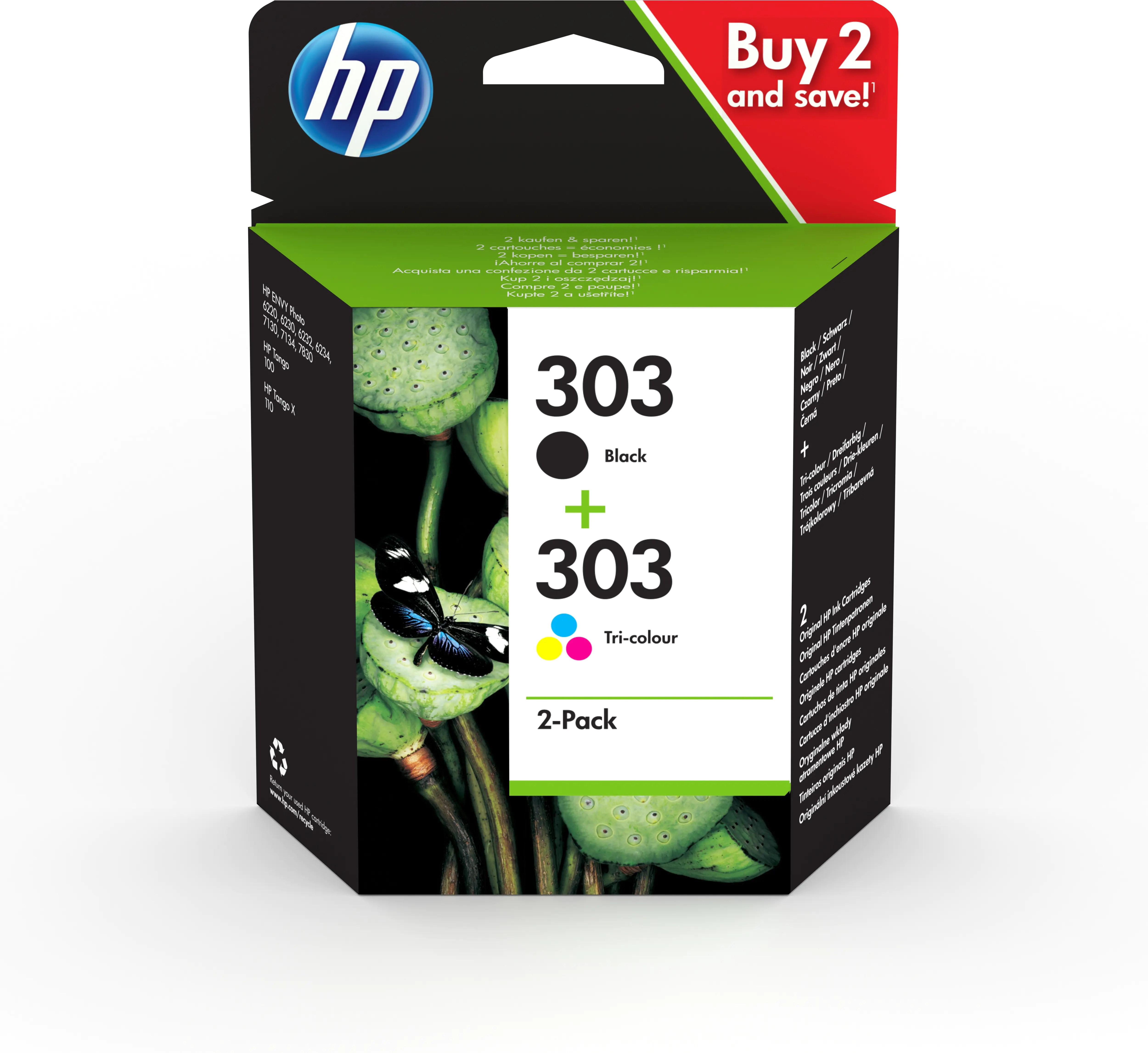 HP 303 - 2er-Pack - Farbe (Cyan, Magenta, Gelb), pigmentiertes Schwarz - original - Tintenpatrone - für ENVY Photo 62XX, Photo 71XX, Photo 78XX; ENVY Inspire 72XX, 79XX