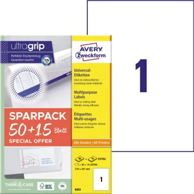 Avery Zweckform Universaletikett ultragrip 210 x 297 mm (B x H) nicht wieder ablösbar Papier weiß 65 Etik./Pack.