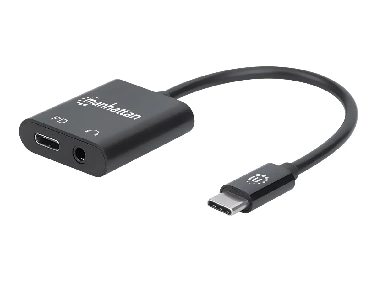 Manhattan USB-C to USB-C Audio Adapter and USB-C (inc Power Delivery) (Clearance Pricing), Black, 480 Mbps (USB 2.0), Cable 11cm, With Power Delivery to USB-C Port (60W), Three Year Warranty, Retail Box - USB-Adapter - 24 pin USB-C (M) zu 24 pin USB-C (W)