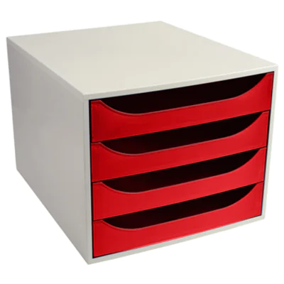 Exacompta Schubladenbox ECOBOX 4 Schubladen DIN A4, Überbreite Polystyrol Gehäusefarbe: grau Farbe der Schublade: rot