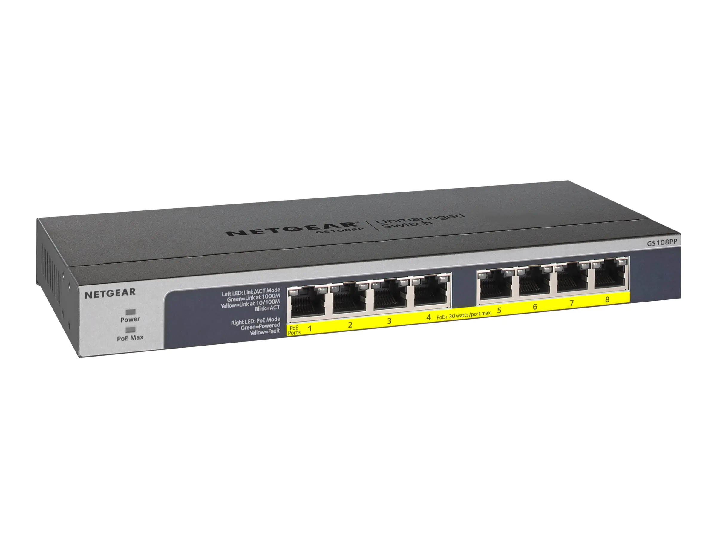 NETGEAR GS108PP - Switch - 8 x 10/100/1000 (PoE+) - Desktop, an Rack montierbar, wandmontierbar - PoE+ (123 W) - Gleichstrom