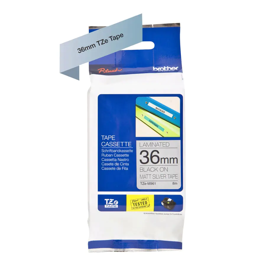 Brother TZM961 - Schwarz auf Silber - Rolle (3,6 cm x 8 m) laminiertes Band - für P-Touch PT-3600, 550, 9200, 9400, 9500, 9600, 9700, 9800, D800, P900, P950
