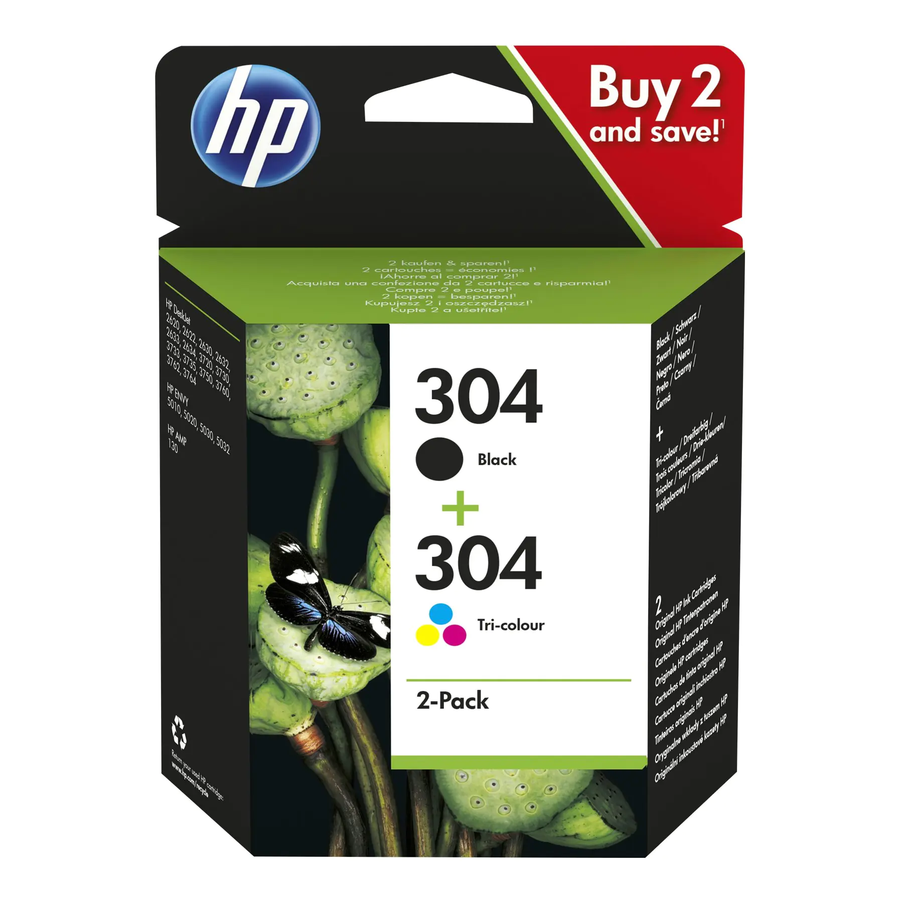 HP 304 - 2er-Pack - Farbe (Cyan, Magenta, Gelb), pigmentiertes Schwarz - original - Tintenpatrone - für AMP 130; Deskjet 26XX, 37XX; ENVY 50XX