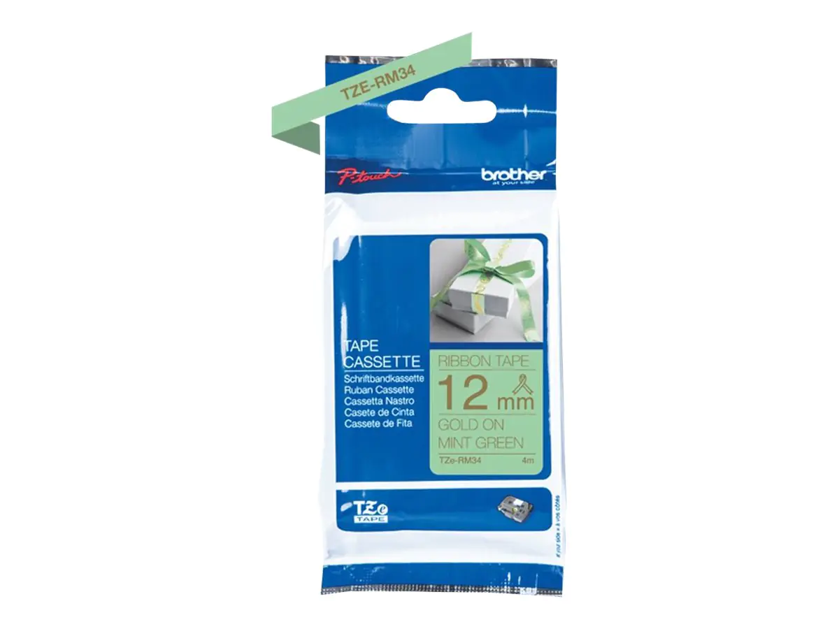 Brother Schriftband TZERM34 Seidig Gold auf Mintgrün 1,2 cm x 4 m