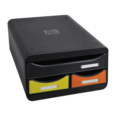 Exacompta Schubladenbox SMALL-BOX Mini 3 Schubladen DIN A4, Überbreite Polystyrol Gehäusefarbe: schwarz Farbe der Schublade: mehrfarbig