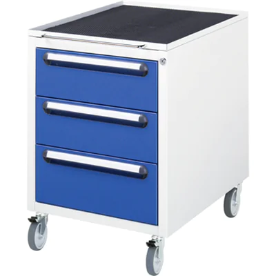 RAU Rollcontainer 480 x 690 x 600 mm (B x H x T) 3 Schubladen Stahl, pulverbeschichtet enzianblau lichtgrau