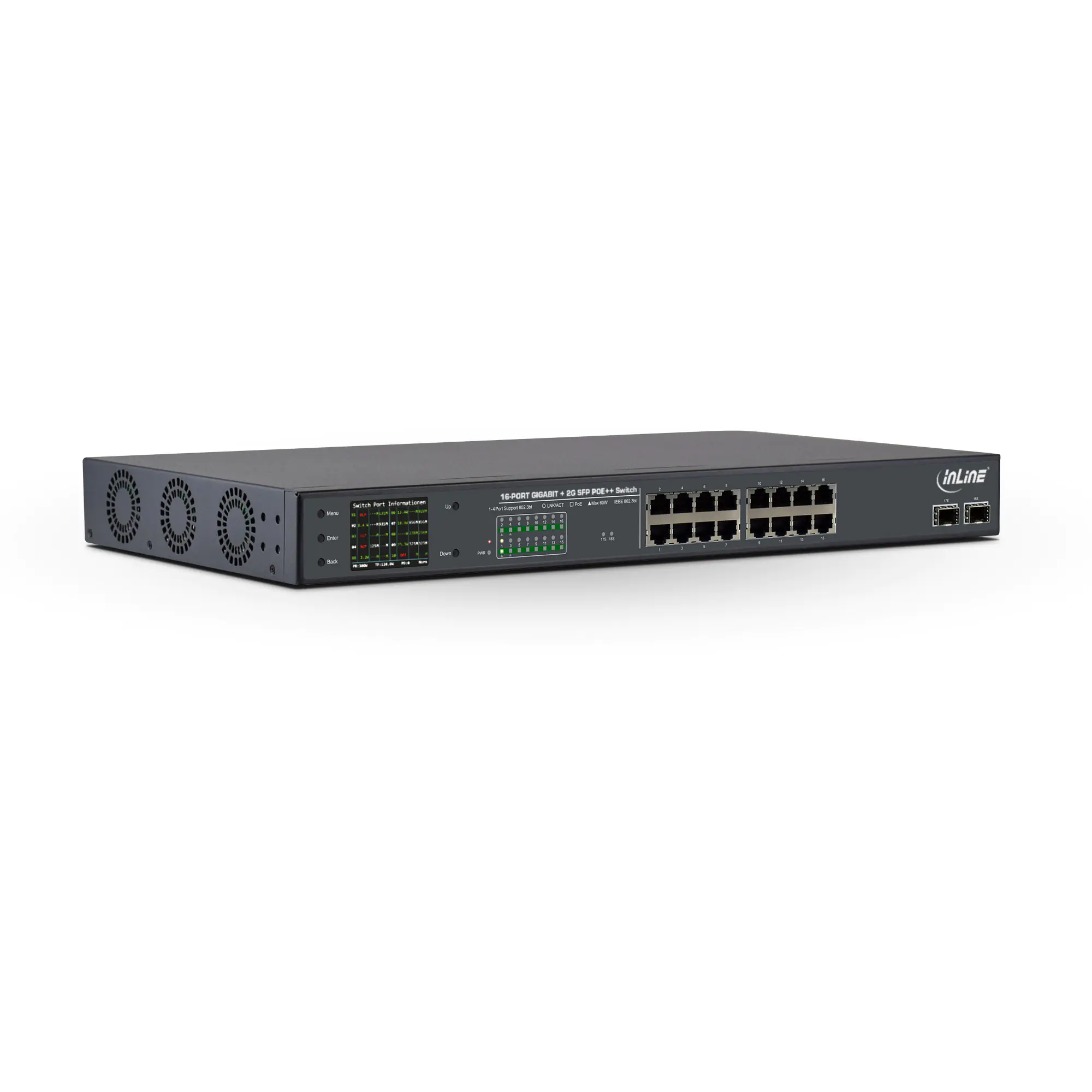 InLine 32316P - Switch - 16 x 10/100/1000 (12 PoE+, 4 PoE++) + 2 x Gigabit SFP - an Rack montierbar - PoE++ (300 W)