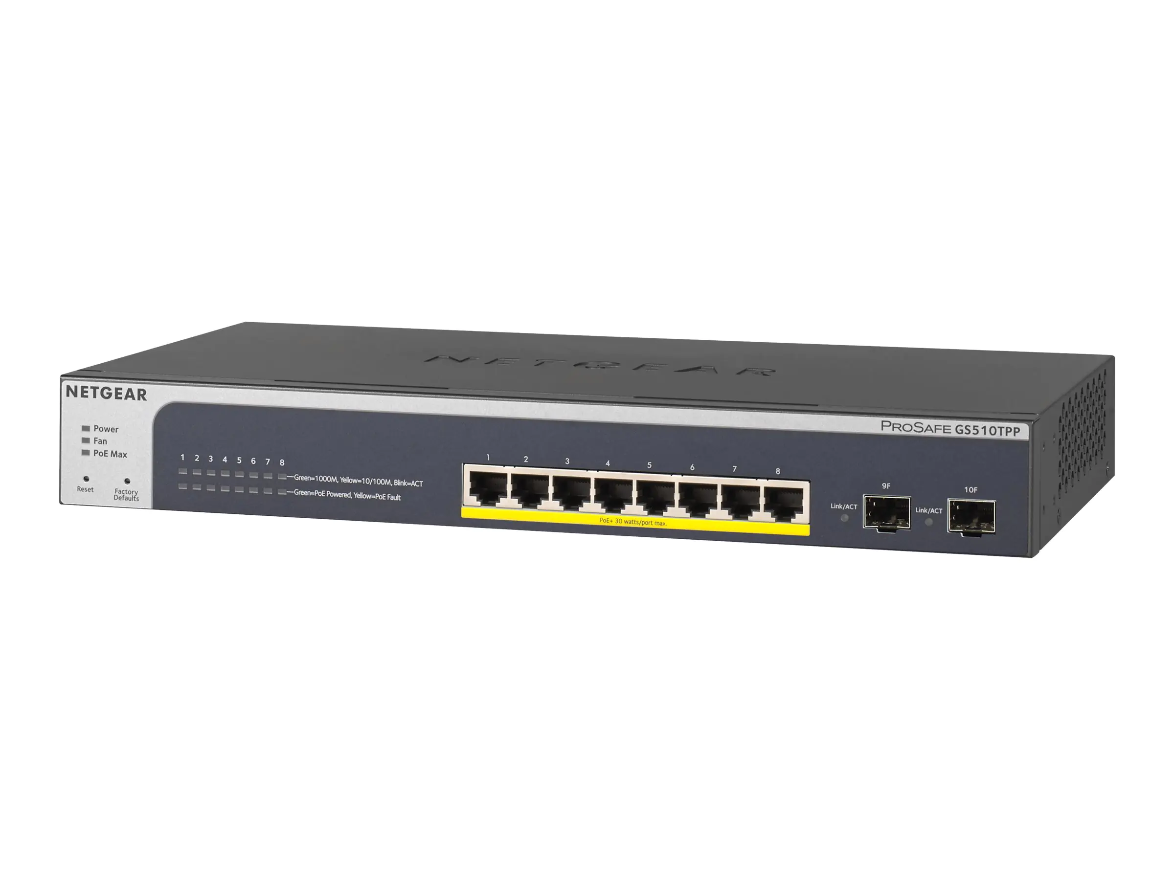 NETGEAR Smart GS510TPP - Switch - L3 Lite - Smart - 8 x 10/100/1000 (PoE+) + 2 x SFP - Desktop, an Rack montierbar - PoE+ (190 W)