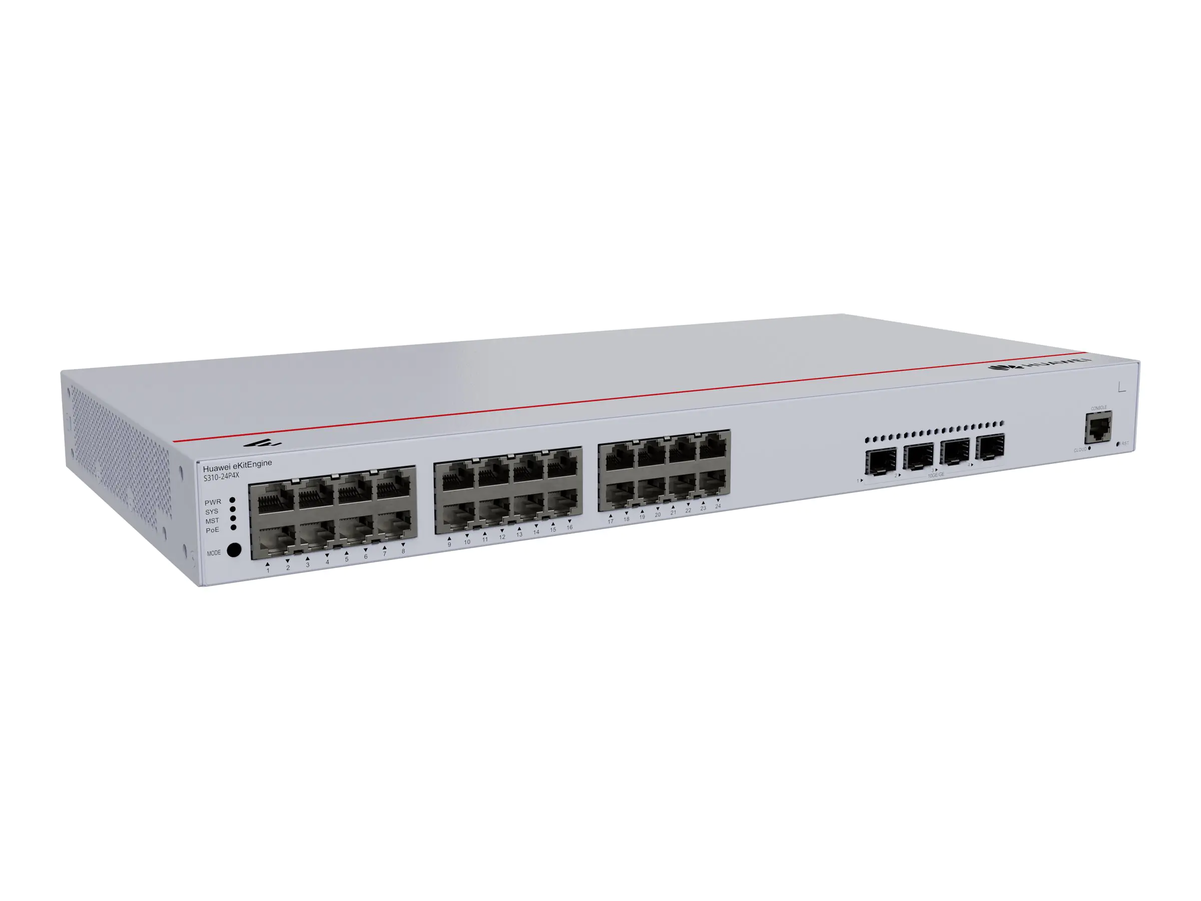 Huawei eKitEngine S310 Series S310-24P4X - Switch - L2+ - managed - 24 x 10/100/1000 (PoE+) + 4 x 1 Gigabit / 10 Gigabit SFP+ - Luftstrom von vorne zur Seite - an Rack montierbar - PoE+ (400 W)