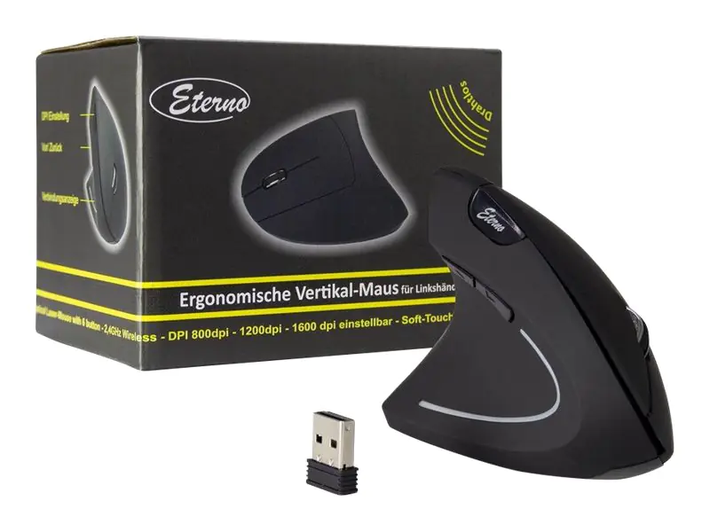 Eterno KM-206L - Vertikale Maus - ergonomisch - Für Linkshänder - 6 Tasten - kabellos - 2.4 GHz - kabelloser Empfänger (USB)