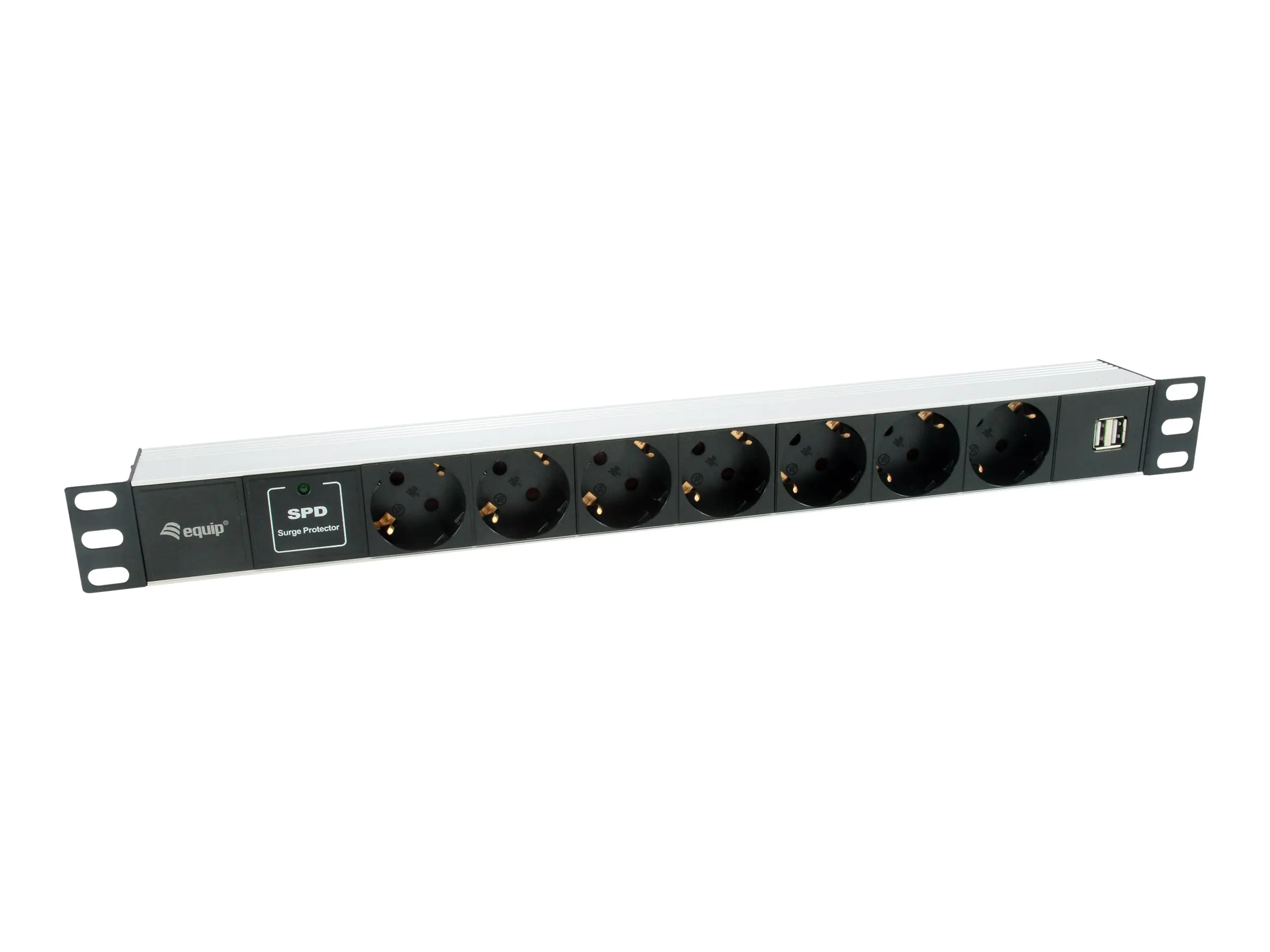 equip Pro - Stromverteilungseinheit (Rack - einbaufähig) - Wechselstrom 220-240 V - 3500 Watt - Eingabe, Eingang power CEE 7/7 - Ausgangsanschlüsse: 7 (power CEE 7/7, 2 x USB) - 1U - 48.3 cm (19") - 1.8 m Schnur - Deutschland - Schwarz, Silber