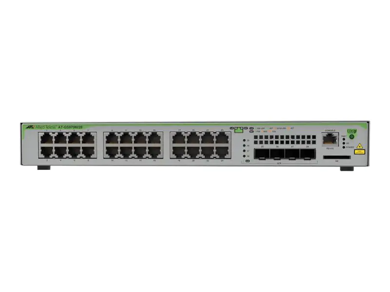 Allied Telesis CentreCOM AT-GS970M/28PS - Switch - L3 - managed - 24 x 10/100/1000 (PoE+) + 4 x SFP (mini-GBIC) (Uplink) - Desktop - PoE+