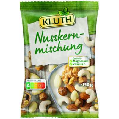 KLUTH Nussmischung Walnusskernen, knackigen Haselnusskernen, milden Cashewkernen, Mandelkernen 150 g/Pack.