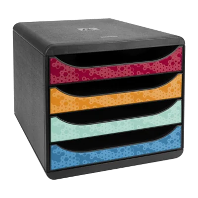 Exacompta Schubladenbox BIG-BOX 4 Schubladen DIN A4, Überbreite Polystyrol Gehäusefarbe: schwarz Farbe der Schublade: mehrfarbig