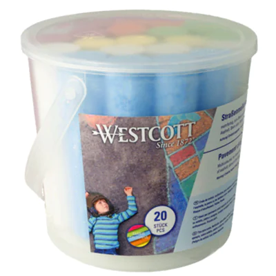 Westcott Straßenmalkreide abwaschbar rund Eimer je 4x weiß, hellblau, hellgrün, sonnengelb, je 3x lila, hellrot 20 St./Pack.