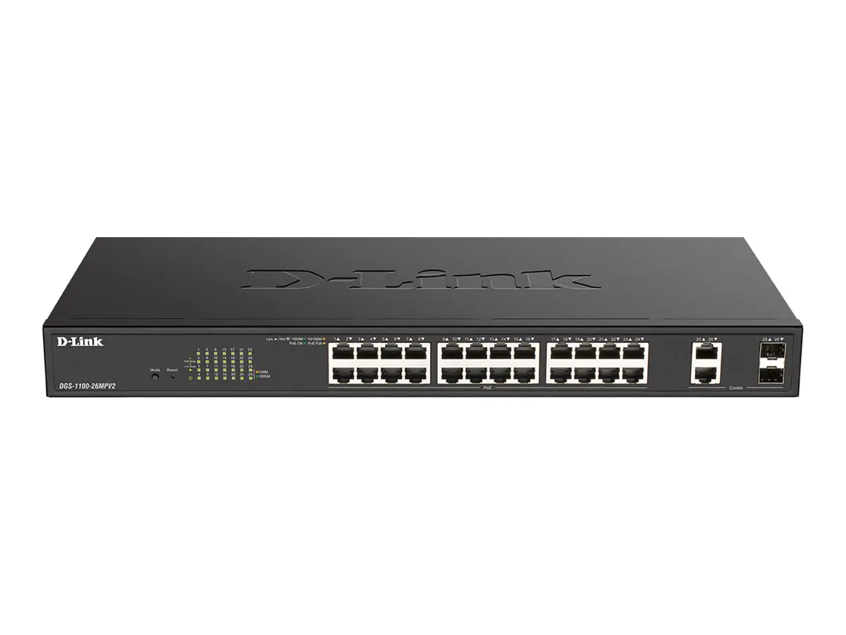 D-Link DGS 1100-26MPV2 - Switch - Smart - 24 x 10/100/1000 (PoE) + 2 x Kombi-Gigabit-SFP - Desktop, an Rack montierbar - PoE (370 W)