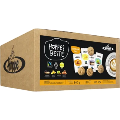 Hoppe Gebäckmischung Hoppes Beste Fair Trade Blueberry Cheesecake, Karamell-Meersalz, Apfel-Zimt, Zitrusfrüchte Karton Karton 120 x 7 g/Pack.