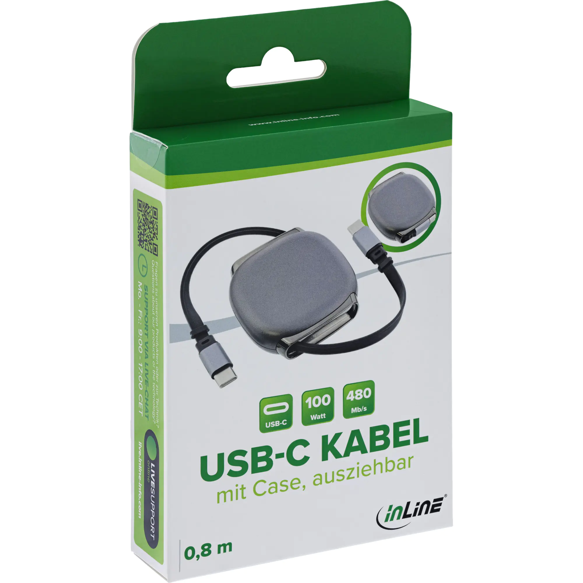 InLine USB-C Kabel im Case - einziehbar - 100W - 0,80m - schwarz/grau