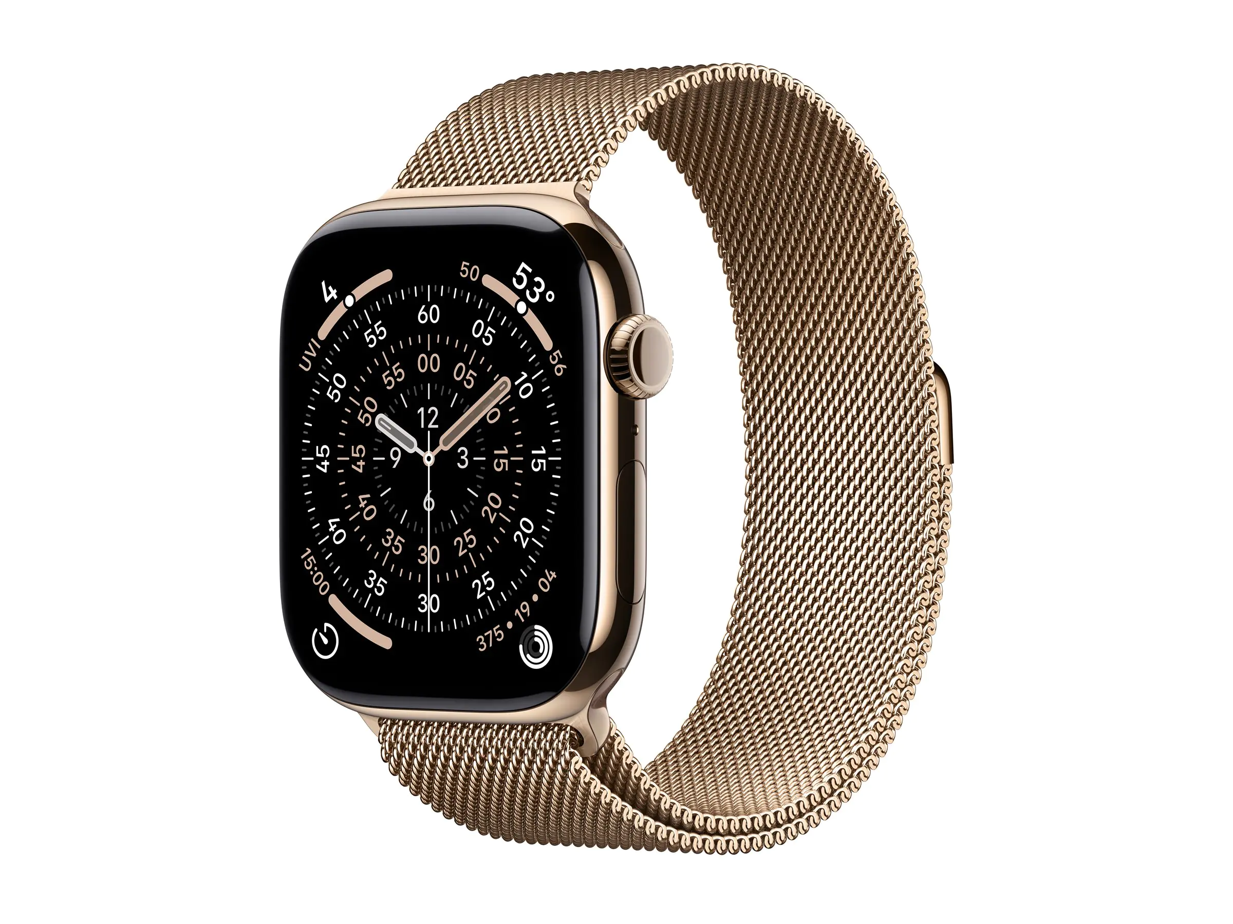 Apple Watch Series 11 (GPS + Cellular) - 46 mm - Gold Titan - intelligente Uhr mit Milanaise Armband - Edelstahl-Geflecht - Gold - Bandgröße: M/L - 64 GB - LTE, Wi-Fi 4, UWB, Bluetooth - 5G - 43.1 g