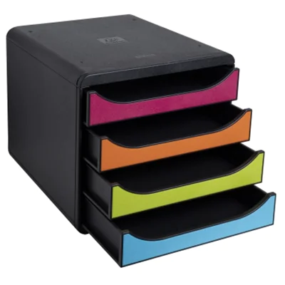 Exacompta Schubladenbox BIG-BOX 4 Schubladen DIN A4, Überbreite Polystyrol Gehäusefarbe: schwarz Farbe der Schublade: mehrfarbig
