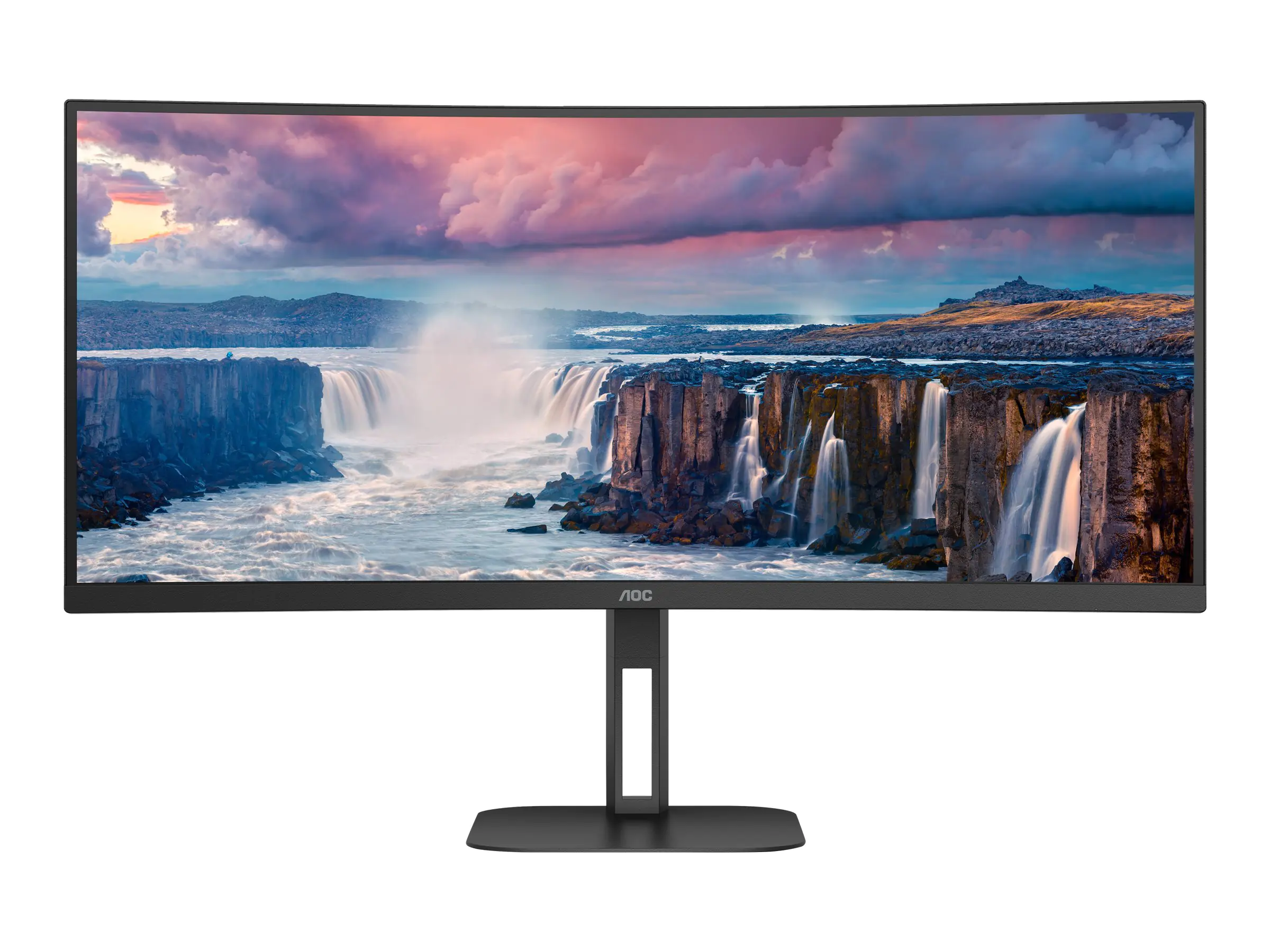 AOC Value-line CU34V5C/BK - V5 series - LED-Monitor - gebogen - 86.4 cm (34") - 3440 x 1440 WQHD @ 100 Hz - VA - 300 cd/m² - 3000:1 - 4 ms - HDMI, DisplayPort, USB-C - Lautsprecher - mattschwarz