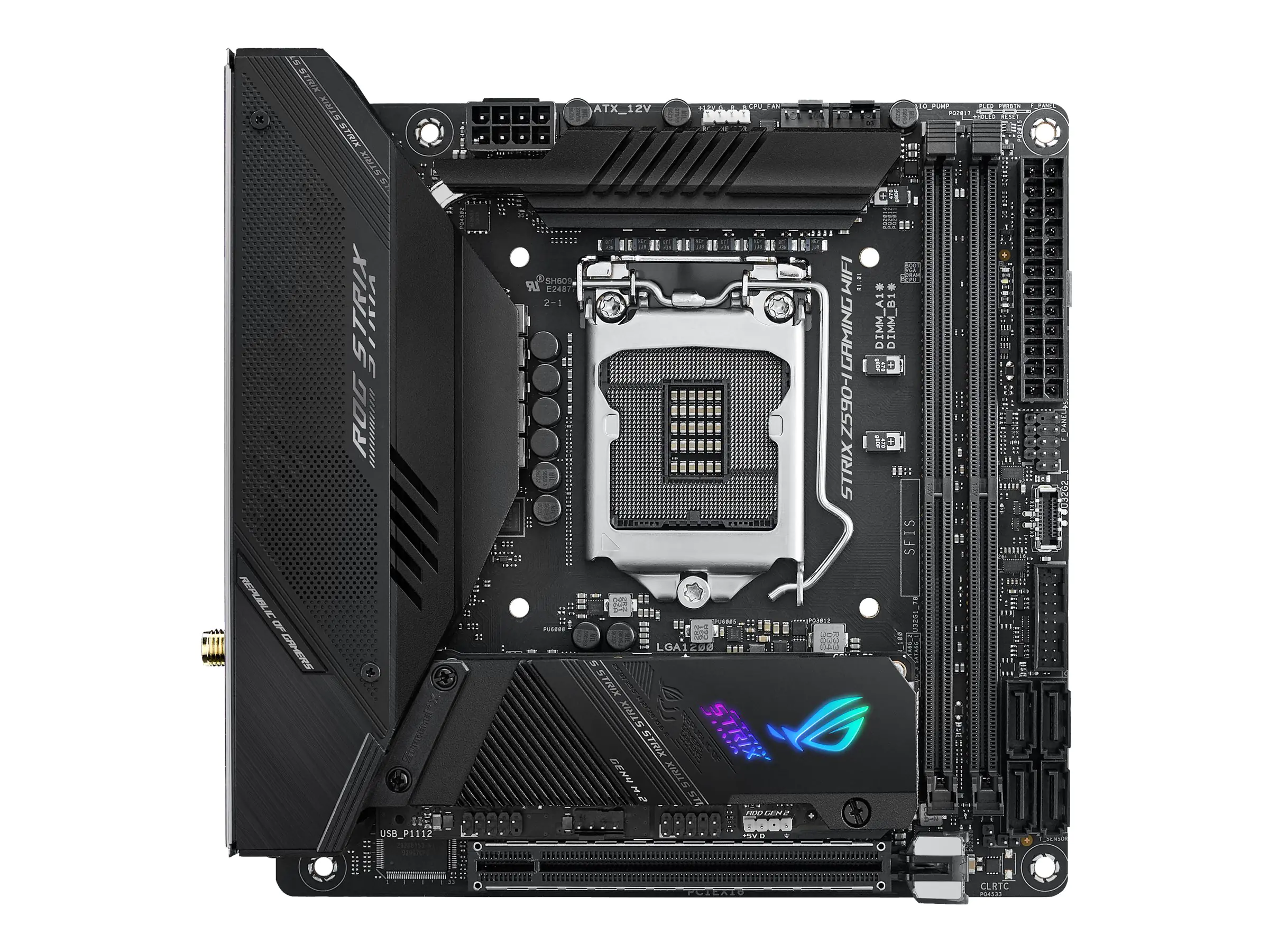 ASUS ROG STRIX Z590-I GAMING WIFI - Motherboard - Mini-ITX - LGA1200-Sockel - Z590 Chipsatz - USB-C Gen2, USB 3.2 Gen 1, USB 3.2 Gen 2, USB-C Gen 2x2 - 2.5 Gigabit LAN, Wi-Fi 6 - Onboard-Grafik (CPU erforderlich) - HD Audio (8-Kanal)