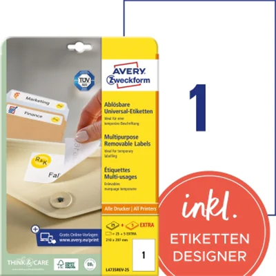 Avery Zweckform Etikett L4735REV-25 210x297mm weiß 30 St./Pack.