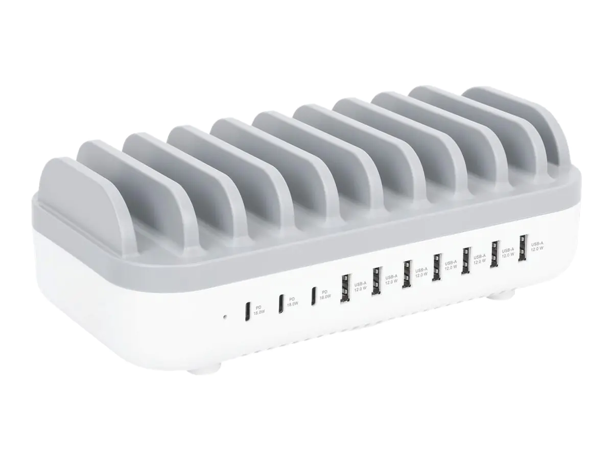 Manhattan Charging Station, 10x Ports: 3x USB-C (up to 18W PD) and 7x USB-A (up to 12W), 120W Total Output, White/Grey, Three Year Warranty, Box - Ladestation - Spannungsversorgung - 120 Watt - Ausgangsanschlüsse: 10 - Grau-Weiß