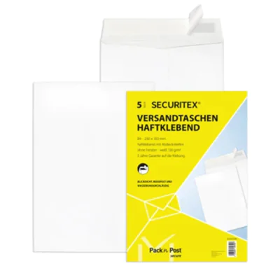 SECURITEX® Papprückwandtasche DIN B4 ohne Fenster 130g/m² mit Haftklebung Papier weiß 5 St./Pack.
