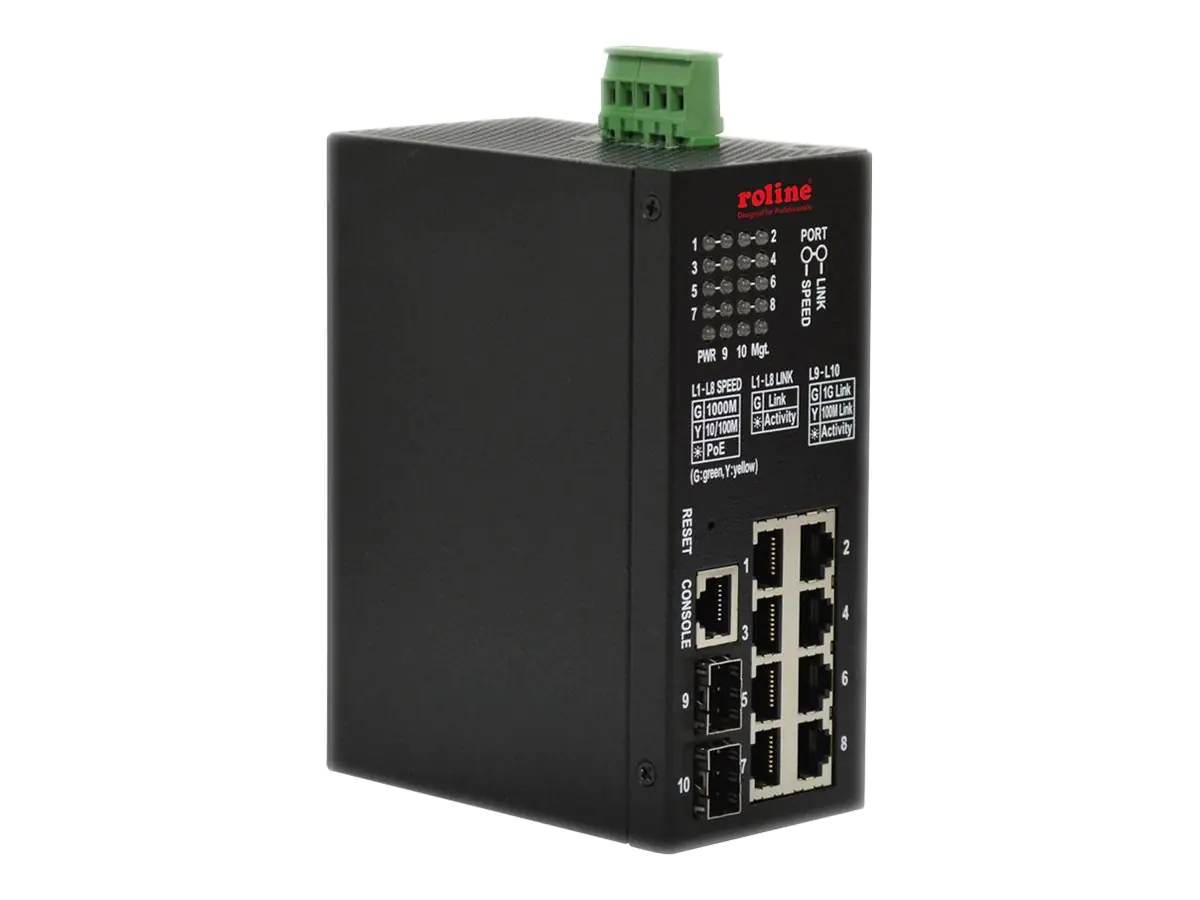 ROLINE Industrial - Switch - Smart - 8 x 10/100/1000 (PoE+) + 2 x Gigabit SFP - an DIN-Schiene montierbar - PoE+ (90 W) - DC power