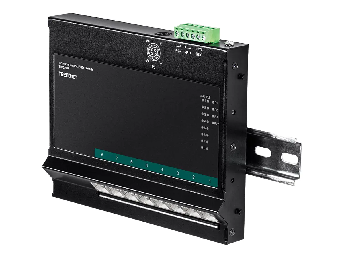 Trendnet TI-PG80F - Industrial - Switch - unmanaged - 8 x 10/100/1000 (PoE+) - an DIN-Schiene montierbar, wandmontierbar - PoE+ (200 W) - TAA-konform