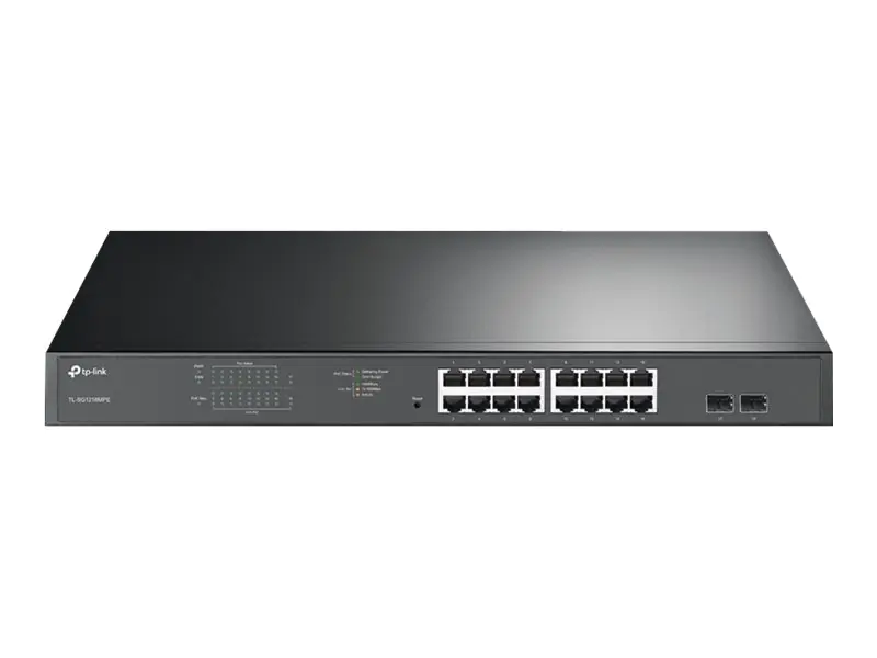 TP-Link TL-SL1218MP - Switch - unmanaged - 16 x 10/100 (PoE+) + 2 x 10/100/1000 + 2 x Kombi-Gigabit-SFP - an Rack montierbar (192 W)
