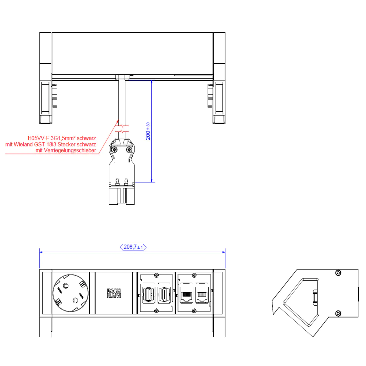 Bachmann DESK2 1xCEE7/3 1xHDMI 2xCAT6 0.2m GST18