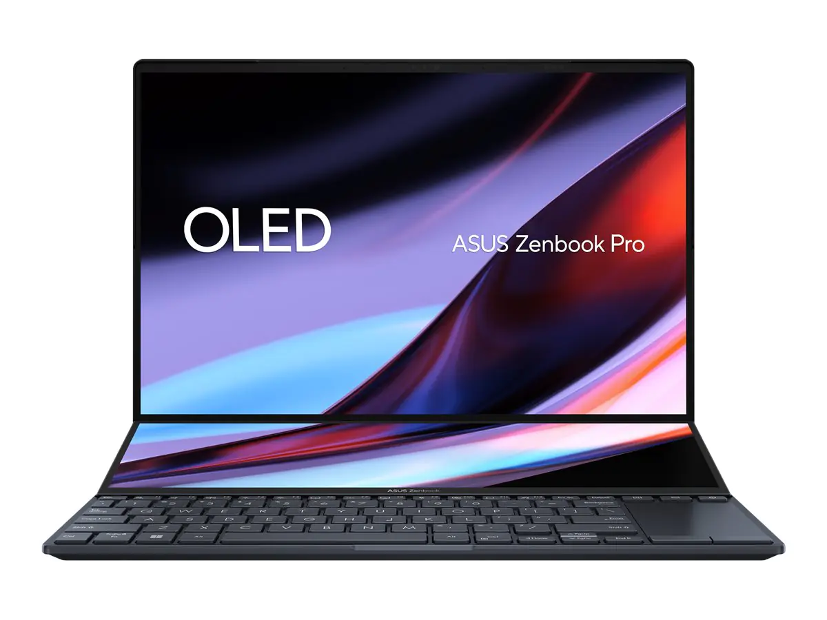 ASUS Zenbook Pro 14 Duo OLED UX8402VU-P1097X - Intel Core i9 13900H / 2.6 GHz - Win 11 Pro - GF RTX 4050 - 32 GB RAM - 1 TB SSD NVMe, Performance - 36.8 cm (14.5") OLED Touchscreen 2880 x 1800 (WQXGA+) @ 120 Hz - Wi-Fi 6E, Bluetooth - Tech Black - kbd: De