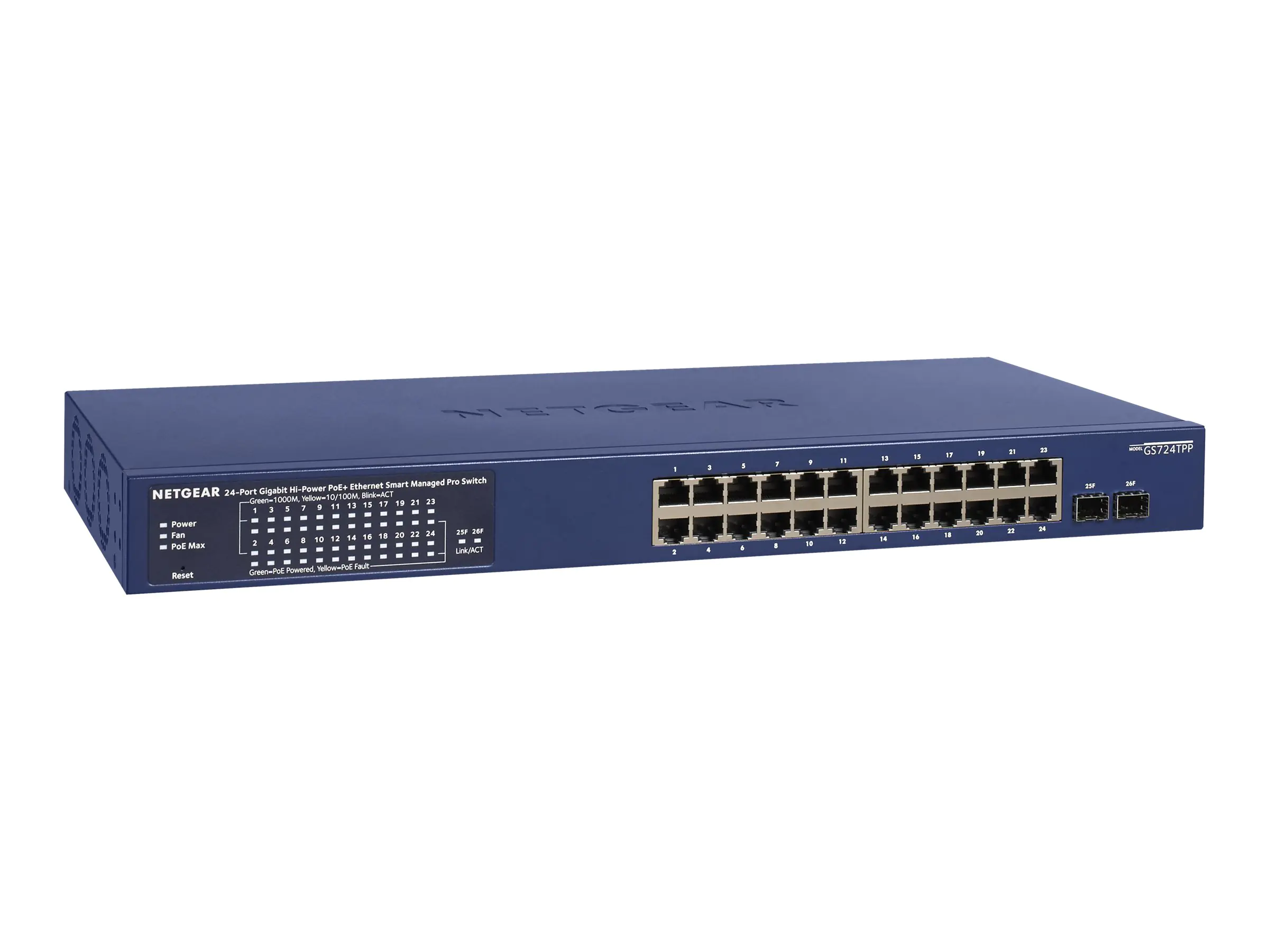 Netgear Smart GS724TPP - Switch - L3 Lite - Smart - 24 x 10/100/1000 (PoE+) + 2 x Gigabit SFP - Desktop, an Rack montierbar - PoE+ (380 W)