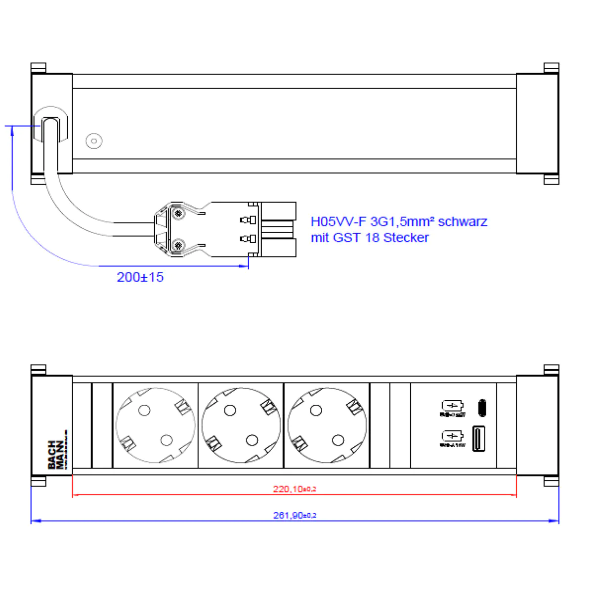 Bachmann Power Frame M 3xCEE7/3916.5021xUSB A&C 22W Charger 0.2m GST18
